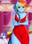 anthro areola blurred_background blush breasts clothed clothing cutie_mark dialogue digital_media_(artwork) duo english_text equid equine eyelashes female friendship_is_magic hasbro hi_res horn looking_at_viewer mammal my_little_pony mythological_creature mythological_equine mythology nipples rainbow_dash_(mlp) rarity_(mlp) solo_focus text twistedscarlett60 unicorn