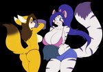 anthro big_breasts blue_eyes blush breasts brown_hair clothing dipstick_tail duo female female/female hair markings purple_hair simple_background smile tail tail_markings transparent_background undressing skidd uberquest claire_o'conell soya_akane canid canine felid fennec_fox fox mammal pantherine tiger true_fox absurd_res alpha_channel hi_res