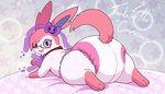 bed_sheet bedding clothed clothing collar diaper eyewear feral fur glasses male pink_body pink_fur purple_eyes purple_ribbon red_collar solo text wearing_diaper wearing_glasses white_body white_fur anonymous_artist nintendo pokemon codeon_the_sylveon eeveelution generation_6_pokemon pokemon_(species) sylveon absurd_res hi_res