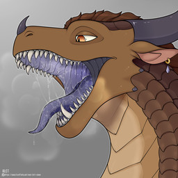 bodily_fluids brown_body brown_eyes brown_hair cheek_spikes dripping ear_piercing ear_ring facial_horn facial_spikes female feral hair horn mouth_focus multicolored_body nose_horn open_mouth piercing ring_piercing saliva saliva_drip saliva_on_tongue scaled_body solo spikes spikes_(anatomy) teeth teeth_showing text tongue tongue_out arti-ramon european_mythology mythology dragon mythological_creature mythological_scalie scalie western_dragon 1:1 artist_name digital_media_(artwork) headshot_portrait hi_res icon portrait url