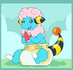 anthro apple blue_body blue_border border clean_diaper clothed clothing diaper food fruit holding_food holding_object lightning_bolt male markings neck_tuft pattern_diaper pink_tuft plant red_apple sitting solo tail tail_markings tuft wearing_diaper bubblepuppers nintendo pokemon flaaffy generation_2_pokemon pokemon_(species) absurd_res hi_res