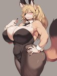 5_fingers anthro belly between_breasts big_breasts black_body black_fur black_necktie black_nose blonde_hair blush breasts brown_body brown_fur bunny_costume claws cleavage clothed clothing collar colored_nails costume countershading female fingers fishnet_clothing fur grey_background hair hand_on_hip huge_breasts huge_thighs kemono leotard looking_at_viewer multicolored_body multicolored_fur nails necktie nipple_outline pubic_mound simple_background smile solo thick_thighs tight_clothing yellow_eyes cervina7_(artist) canid canine fox mammal mabel_(disambiguation) absurd_res hi_res