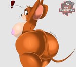 anthro big_breasts big_butt black_nose breasts brown_body brown_eyes brown_fur butt crossgender exclamation_point female fur huge_breasts huge_butt looking_at_viewer looking_back looking_back_at_viewer mtf_crossgender nipples short_stack solo surprise thick_thighs wide_hips chrisbmonkey metro-goldwyn-mayer tom_and_jerry jerry_mouse mammal mouse murid murine rodent