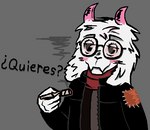 anthro blush clothed clothing dialogue drugs eyewear fur glasses grey_background horn jacket looking_at_viewer male marijuana offering_to_viewer patch_(fabric) pink_horn red_eyes red_scarf scarf simple_background smile smoke solo text topwear anonymous_artist deltarune lifeweb mario_smoking_weed ralsei_smoking_blunt undertale_(series) ¿quieres? ralsei bovid caprine goat mammal meme spanish_text translated