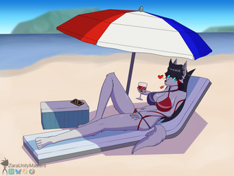 alcohol beach beach_umbrella beverage big_breasts bikini bikini_bottom bikini_top black_hair blue_eyes breasts chair clothed clothing codescanner container cup drinking_glass female furniture glass glass_container glass_cup hair hand_in_bikini_bottom heart_symbol long_hair looking_at_viewer lounge_chair lying markings on_back outside painted_background parasol purple_bikini purple_clothing purple_swimwear raised_leg red_bikini red_clothing red_markings red_swimwear relaxing shadow smile smiling_at_viewer solo swimwear tail two-piece_swimsuit umbrella water wide_hips wine wine_glass zaraunitymasters chaotic zara_(zaraunitymasters) 4:3 cel_shading hi_res shaded