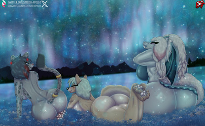 accessory adjusting_hair ahoge anthro arm_support athletic athletic_female aurora_(phenomenon) back_muscles back_wings bangs big_breasts big_butt black_nose blep blue_body blue_eyes blue_hair blue_scales breasts butt butt_size_difference casual_nudity claws colored_nails cosmic_background countershade_butt countershade_face countershade_tail countershade_torso countershading cozy curvy_figure detailed_background ear_piercing ear_ring energy eye_markings fangs fantasy feet feet_together feet_up female flower fluffy fluffy_tail forest freckles fur furgonomics glistening glistening_breasts glistening_butt glistening_pawpads glistening_thighs grass green_hair grey_body grey_fur group hair happy highlights_(coloring) horn huge_breasts huge_butt huge_hips insignia lake lakeside light long_hair looking_at_another lounging lying markings moonlight mountain_range muscular muscular_arms muscular_female nails night non-mammal_breasts nude nude_female on_front pawpads piercing pink_nose pink_pawpads plant purple_eyes red_hair relaxing ring_piercing sabertooth_(anatomy) scales short_hair sitting sky skyscape smile sparkles spikes spikes_(anatomy) spots spotted_markings star starry_background starry_sky subscribestar_logo tail tail_accessory tail_aside tail_fluff tail_scales tailband tan_body tan_fur teeth thick_thighs toe_claws tongue tongue_out tree trio twitter_handle twitter_logo ventral_scales water wide_hips wings stylish_apollo heart_of_the_lands mythology subscribestar twitter ithaca_juneia roseland_mingwei zenchi_hasagami canid canine canis clouded_leopard coyote dragon felid mammal mythological_creature mythological_scalie pantherine scalie hi_res story story_in_description