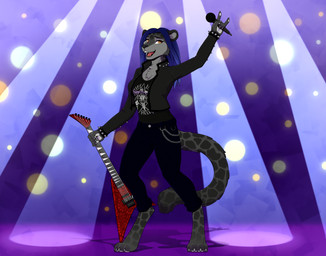 5_fingers anthro black_bottomwear black_clothing black_jacket black_lips black_nose black_pants black_shirt black_topwear blue_hair bottomwear clothing digitigrade electric_guitar electronics female fingers fur grey_body grey_fur guitar hair jacket lips long_hair long_tail microphone musical_instrument on_stage open_mouth pants pawpads plucked_string_instrument purple_background shirt simple_background solo string_instrument tail topwear yellow_eyes shadowanthrax stefano_d'angelo ophelia_butcher felid mammal pantherine hi_res