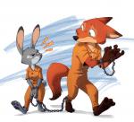 anthro barefoot bound chain chained claws clothed clothing cuff_(restraint) feet female fur inmates_clothing male orange_jumpsuit plantigrade prison prison_uniform prisoner restrained restraints shackles ruffu disney zootopia judy_hopps nick_wilde canid canine fox lagomorph leporid mammal rabbit red_fox true_fox 2019