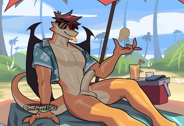 aloha_shirt anthro athletic balls beach black_wings bottomless bottomless_anthro bottomless_male brown_hair clothed clothing cooler day digit_ring drinking_straw erection eyewear finger_ring foreskin genitals glass hair humanoid_genitalia humanoid_penis jewelry male orange_body orange_tongue parasol pattern_clothing pattern_shirt pattern_topwear pecs penis shadow shirt sitting sky solo sunglasses tail text tongue tongue_out topwear wings jaybeyyy mythology aldrake_(jaybeyyy) dragon mythological_creature mythological_scalie scalie 2025 digital_media_(artwork) hi_res url