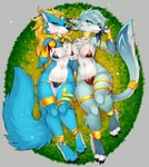2023 anthro big_tail bikini blue_body blue_fur breasts canid canine canis clothed clothing duo ear_piercing ear_ring eternity-zinogre eternity-zinogre_(eternity-zinogre) female female/female fluffy fluffy_tail fur hi_res jewelry leg_jewelry looking_at_viewer mammal necklace nipples nude partially_clothed piercing ring_piercing skimpy swimwear tail thanatos_laige wolf