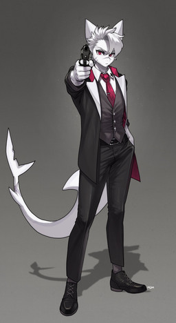 5_fingers anthro belt biped bottomwear clothed clothed_anthro clothed_male clothing fingers footwear front_view fully_clothed fully_clothed_anthro fully_clothed_male gun hair holding_gun holding_object holding_ranged_weapon holding_weapon looking_at_viewer male necktie pants ranged_weapon red_eyes shoes simple_background solo standing tail topwear weapon white_body white_hair white_tail pgm300 fish marine shark 2025 absurd_res digital_media_(artwork) hi_res