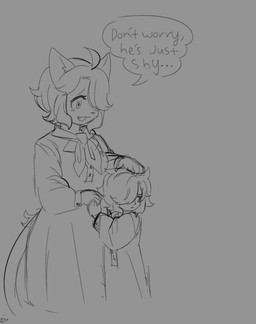 age_difference aged_up ahoge anthro clothed clothing dialogue duo eye_bags female hair hair_over_eye hand_on_head male open_mouth tail text young young_human young_male anaquariusart cyberconnect2 fuga:_melodies_of_steel little_tail_bronx hanna_fondant jihl_(fuga) domestic_cat felid feline felineko felis human mammal turkish_angora 2025 absurd_res english_text hi_res monochrome signature mother_(lore) mother_and_child_(lore) mother_and_son_(lore) parent_(lore) parent_and_child_(lore) parent_and_son_(lore) son_(lore)