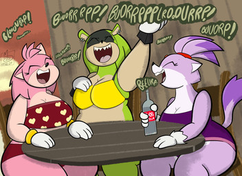 anthro belly beverage beverage_bottle big_belly big_breasts bikini bottle bottomwear breasts burp_fetish burping butt clothed clothing container eyes_closed female fur furniture gloves group hair hand_on_chest handwear one-piece_swimsuit onomatopoeia open_mouth overweight overweight_anthro overweight_female pink_body purple_body purple_fur red_bikini red_bikini_bottom red_bikini_top red_clothing red_swimwear seating slightly_chubby small_breasts smile soda soda_bottle sound_effects sunset swimwear table tail teeth text thick_thighs tongue topwear trio two-piece_swimsuit wide_hips yellow_bikini yellow_bikini_top yellow_clothing yellow_swimwear sebaku idw_publishing sega sonic_the_hedgehog_(comics) sonic_the_hedgehog_(idw) sonic_the_hedgehog_(series) amy_rose blaze_the_cat surge_the_tenrec afrosoricid domestic_cat eulipotyphlan felid feline felis hedgehog mammal tenrec absurd_res digital_media_(artwork) hi_res