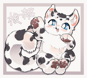 2_tails black_spots blue_eyes blush feral fur male multi_tail open_mouth pawpads pink_pawpads solo spots tail text white_body white_fur 1ksrw conditional_dnp fabulous_beasts hetao_(fabulous_beasts) 2026 chinese_text clip_studio_paint_(artwork) digital_media_(artwork) hi_res