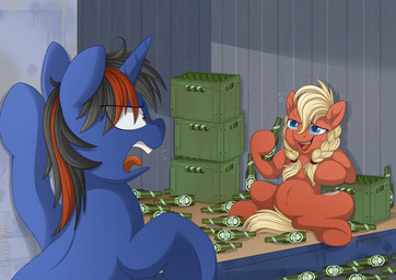 annoyed blonde_hair blue_body blue_eyes braided_hair drunk duo female hair holding_beer horn open_mouth red_body sitting smile substance_intoxication littlehybridshila hasbro my_little_pony mythology tuborg valkyria_(littlehybridshila) equid equine horse mammal mythological_creature mythological_equine pony unicorn 2019