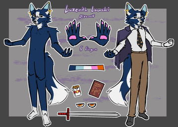 5_fingers anthro arm_tuft big_ears black_clothing black_footwear black_jacket black_shoes black_topwear blue_body blue_fur book bottomwear broadsword brown_bottomwear brown_clothing brown_pants cheek_tuft christian_cross christian_symbol cigarette cigarette_box clothing color_swatch cross dipstick_ears dipstick_tail ear_markings elbow_tuft eyebrows facial_tuft feet fingers fist fluffy fluffy_tail footwear fur furgonomics gloves handwear head_tuft humanoid_feet humanoid_hands jacket long_legs looking_away male markings melee_weapon multicolored_ears neck_tuft necktie pants pattern_necktie pawpads piercing plantigrade red_eyes religion religious_symbol shirt shoes shoulder_tuft simple_background single_glove slim snout solo spellbook spotted_necktie standing sword tail tail_markings tail_tuft tall text tired tired_eyes topwear tuft weapon white_body white_clothing white_fur white_gloves white_handwear white_shirt white_topwear dolceclaws christianity luzenith_lawchi canid canine canis dire_wolf mammal prehistoric_species wolf 2025 absurd_res character_name digital_drawing_(artwork) digital_media_(artwork) english_text hi_res model_sheet species_name