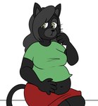 5_fingers anthro black_body black_fur black_hair black_nose black_tail bottomwear clothed clothed_anthro clothed_female clothing female fingers fur green_clothing green_shirt green_t-shirt green_topwear grey_eyes hair half-closed_eyes long_hair midriff narrowed_eyes navel overweight overweight_anthro overweight_female red_bottomwear red_clothing red_skirt shirt simple_background sitting skirt solo t-shirt tail thin_eyebrows topwear white_background beastofeuthanasia domestic_cat felid feline felis mammal 2022 digital_drawing_(artwork) digital_media_(artwork) flat_colors hi_res