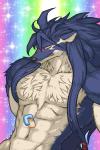 abs accessory ahoge anthro biceps black_nose blue_body blue_fur blue_hair blush bodily_fluids chest_tuft cloth clothing countershading disembodied_hand duo fur hair hair_accessory hair_tie long_hair looking_pleasured male muscular muscular_male rainbow_background sharp_teeth simple_background solo_focus sparkles standing sweat teeth tuft white_body white_fur ngo sega shining_(sega) shining_force_exa duga_(shining) canid canine canis mammal sourou_cerulean_wolf wolf 2:3 low_res