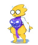 3_toes anthro barefoot big_breasts bottomwear breasts buckteeth camel_toe clothing cosplay dress eyewear feet female freckled_face freckled_knee freckled_legs freckled_thighs freckles glasses loincloth open_mouth solo tail teeth thick_thighs toes yellow_body yellow_skin somescrub undertale_(series) alphys boss_monster_(undertale) scalie 2024 hi_res