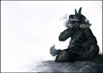anthro black_border blue_body border bottomwear claws clothed clothed_anthro clothed_male clothing finger_claws fingerless_gloves flesh_fang fully_clothed fully_clothed_anthro fully_clothed_male gloves grey_body handwear jacket male pants simple_background sitting solo tail text topwear white_background kagisnad mammal unknown_species 2019 artist_name portrait signature three-quarter_portrait
