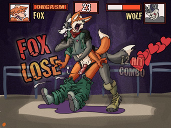 anal anal_orgasm anal_penetration animal_genitalia animal_penis anthro balls biceps bodily_fluids bottomwear bottomwear_down canine_genitalia canine_penis clothed clothing competition countershading cum cum_while_penetrated cumshot duo ejaculation erection from_behind_position game_over gameplay_mechanics genital_fluids genitals gui hands-free health_bar knot knotted_penis male male/male male_penetrated male_penetrating male_penetrating_male muscular orgasm orgasm_face pants pants_down partially_clothed penetration penis sex sexual_competition sexual_fight text vehicle furfragged nintendo star_fox fox_mccloud wolf_o'donnell canid canine canis fox mammal wolf 4:3 digital_media_(artwork) english_text