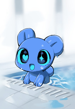 blue_body blue_eyes bodily_fluids chibi genital_fluids kemono open_mouth partially_submerged solo swimming_pool water wet seuppi mochikuma_(seuppi) bear mammal hi_res