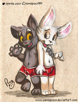 anthro bottomwear cheek_tuft clothed clothing duo facial_tuft fangs fur gesture grey_body grey_fur head_tuft logo looking_at_viewer male navel open_mouth open_smile red_bottomwear red_clothing smile standing teeth text topless tuft waving waving_at_viewer white_body white_fur yellow_eyes young young_anthro young_male pandapaco domestic_cat felid feline felis lagomorph leporid mammal rabbit artist_logo signature url