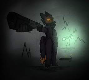anthro bioluminescence blood bodily_fluids cave claws dark_body dark_fur fur glowing gun male nosebleed orange_sclera pickaxe plant pump_action_shotgun ranged_weapon scared shaking shotgun simple_background solo stalactite stalagmite weapon darthnear casualties:_unknown expie_(gunsawian) gunsawian hi_res