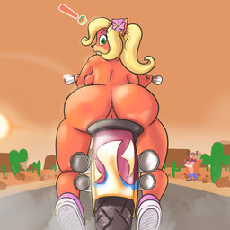 accessory anthro anus back_boob belly big_butt black_nose blonde_hair bodily_fluids bottomwear breasts butt cactus casual_nudity clothed clothing driving duo exclamation_point eyebrows eyeshadow female female_focus flower flower_in_hair food footwear frown fruit fur genitals green_eyes hair hair_accessory hairband long_hair looking_at_viewer looking_back makeup male mostly_nude motorcycle multicolored_body multicolored_fur musical_note musical_symbol nude orange_body orange_fur outside pants plant ponytail public public_nudity shoes sitting sky solo_focus sun surprised sweat symbol tailless tan_belly tan_body tan_fur teeth topless two_tone_body two_tone_fur vehicle vulva wumpa_fruit jamesbarock activision crash_bandicoot_(series) coco_bandicoot trash_bandicoot bandicoot mammal marsupial 1:1 hi_res
