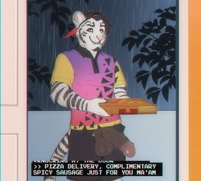 anthro backwards_baseball_cap backwards_hat balls baseball_cap big_glans black_body black_fur bottomwear box circumcised clothed clothing container delivery_(commerce) erection eyebrows food food_delivery fur furgonomic_hat furgonomic_headwear furgonomics genitals glans hat headgear headwear humanoid_genitalia humanoid_penis looking_at_viewer male open_bottomwear open_clothing open_shorts penis pizza pizza_delivery raining shorts smile solo standing striped_body striped_fur stripes tail teeth text unzipped unzipped_pants vein veiny_penis vhs_filter white_body white_fur zipper themutt thesiggy felid mammal pantherine tiger 2025 english_text hi_res