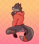 anthro bottomless butt clothed clothing hoodie looking_back male paws presenting presenting_hindquarters red_clothing red_hoodie red_topwear simple_background solo topwear topwear_only tohfu bonfire_(bonfirefox) canid canine fox mammal hi_res