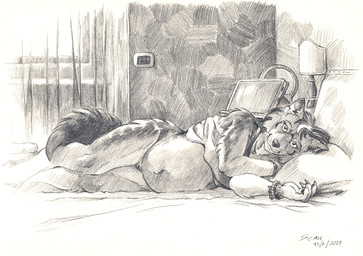 5_fingers anthro bed belly big_belly biped bottomless bottomless_anthro bottomless_female bracelet breasts claws clothed clothed_anthro clothed_female clothing eyebrows eyelashes female female_anthro finger_claws fingers fur furniture humanoid_hands inside jewelry looking_at_viewer lying lying_on_bed navel on_bed on_side pillow pregnant pregnant_anthro pregnant_female shirt smile solo tail topwear whisker_spots whiskers scale_(artist) leto_(scale) canid canine canis mammal wolf 2025 dated hi_res signature