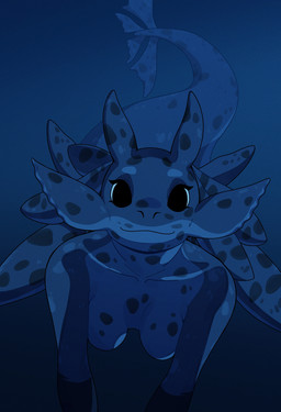 anthro biped breasts female front_view looking_at_viewer nude nude_anthro nude_female smile solo spots tail underwater water nulia aquatic mammal pinniped seal 2026 black_and_blue digital_drawing_(artwork) digital_media_(artwork) hi_res monochrome