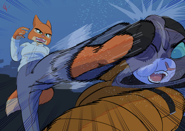 action_pose action_scene aggressive angry anthro blue_eyes bottomwear claws clothing denim denim_bottomwear denim_clothing duo eyebrows face_kick fangs female fight fighting_pose flats_(shoes) footwear fur grey_body grey_fur impact_lines jeans kick kicking_face looking_at_another motion_lines narrowed_eyes open_mouth orange_body orange_fur pants perspective pink_nose pose raised_leg shirt shoes simple_background standing tail teeth teeth_showing tongue topwear violence toonarscontent dreamworks the_bad_guys diane_foxington kitty_kat_(the_bad_guys) canid canine domestic_cat felid feline felis fox mammal pantherine snow_leopard absurd_res hi_res