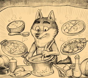 apron apron_only clothing cooking eyebrows food fruit fungus fur lettuce mushroom onion plant plate pumpkin solo thick_eyebrows vegetable sin50039287 intermarche_unloved albert_(intermache_unloved) the_first_wolf_(unloved) canid canine canis mammal wolf