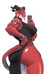 anthro big_breasts big_butt breasts butt cellphone clothed clothing ear_piercing electronics female hair holding_object horn jewelry muscular muscular_anthro muscular_female phone piercing ring selfie simple_background smartphone smile solo tail tattoo white_background zanzagen mythology bridget_(zanzagen) dragon mythological_creature mythological_scalie scalie absurd_res digital_media_(artwork) hi_res