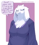 anthro biped bodily_fluids boss_monster_(undertale) bovid breasts caprine clothed clothing dialogue english_text female fur goat goolee mammal solo speech_bubble sweat text toriel undertale undertale_(series) white_body white_fur