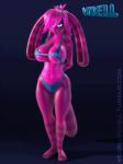 3:4 3d_(artwork) 3d_animation android animated anthro big_breasts bikini breasts clothing digital_media_(artwork) ears_down erect_nipples female hands_behind_back jiggling lagomorph machine mammal nipples pink_body pink_skin pivoted_ears pixell robot short_playtime shy simple_background solo swimwear teasing two-piece_swimsuit voxell_voxell wide_hips