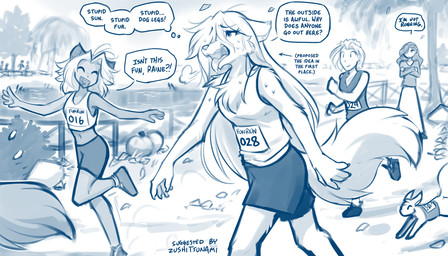 5_fingers anthro biped bodily_fluids bottomwear breasts breath clothed clothed_anthro clothed_female clothed_humanoid clothed_male clothing contest dialogue drooling eyes_closed female feral fingers footwear front_view fully_clothed fully_clothed_anthro fully_clothed_female fully_clothed_humanoid fully_clothed_male fur group hair male midriff navel offscreen_character open_mouth open_smile outside panting running saliva shoes shorts smile standing sweat tail teeth text thought_bubble tongue tongue_out topwear conditional_dnp tom_fischbach twokinds database_error_(twokinds) karen_taverndatter maren_taverndatter mrs._nibbly raine_silverlock sythe_(twokinds) zen_(twokinds) animal_humanoid cat_humanoid felid felid_humanoid feline feline_humanoid human humanoid keidran mammal mammal_humanoid rodent sciurid tree_squirrel 2025 7:4 blue_and_white digital_drawing_(artwork) digital_media_(artwork) english_text hi_res monochrome sketch