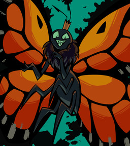 2_antennae 3_fingers 4_legs 4_wings abstract_background ambiguous_gender antennae_(anatomy) anthro black_antennae black_body crown eyespots fingers flying grin headgear insect_wings lepidopteran_wings markings monotone_body multi_wing nude orange_wings quadruped ruff simple_background smile solo spread_wings teal_background teal_sclera teeth toothy_grin wings b1rdbr41n000 disney hoppers_(disney) pixar titus_(hoppers) arthropod butterfly insect lepidopteran monarch_butterfly