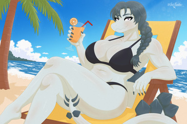 5_fingers anthro beach belly beverage big_breasts big_tail bikini black_bikini black_clothing black_swimwear blue_hair blue_sky blue_spikes bodily_fluids braided_hair breasts chair claws cleavage clothed clothing curvy_figure day detailed_background eyelashes eyeshadow female finger_claws fingers furniture glistening glistening_arms glistening_belly glistening_body glistening_breasts glistening_legs glistening_scales glistening_thighs grey_body grey_eyes grey_eyeshadow grey_scales hair huge_thighs long_hair long_tail looking_at_viewer lounge_chair lounging makeup navel outside palm_tree plant scales sea seaside sky smile snout solo spiked_tail spikes spikes_(anatomy) sweat sweatdrop swimwear tail text thick_thighs tree two-piece_swimsuit v-cut voluptuous voluptuous_anthro voluptuous_female water wide_hipped_anthro wide_hipped_female wide_hips garavakarian cavemanon_studios snoot_game fan_character lucatiel_(altgaming2419) dinosaur ornithischian prehistoric_species reptile scalie stegosaurian stegosaurus thyreophoran 2026 absurd_res artist_name digital_drawing_(artwork) digital_media_(artwork) hi_res watermark