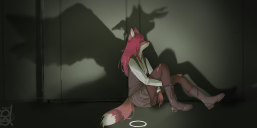 anthro back_wings boots bottomwear clothing dim_lighting female footwear hair halo legwear markings narrowed_eyes outside pantyhose red_hair shoes sitting sitting_on_ground skirt solo striped_ears striped_markings striped_tail stripes tail tail_markings tights torn_clothing torn_legwear torn_pantyhose wings wings_on_head ecolenss alice_(aliceinmurrey) canid canine fox mammal absurd_res hi_res watermark