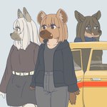 anthro bottomwear car clothed clothing coat female group kemono licking licking_lips skirt tongue tongue_out topwear trio vehicle ekaki510 brown_hyena hyena mammal spotted_hyena striped_hyena 1:1