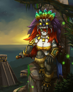 3_toes 4_fingers anthro arm_markings arm_tattoo armor big_breasts black_body black_fur bottomwear bra bracers breasts claws cleavage clothed clothing detailed_background ear_piercing ear_ring facial_markings facial_tattoo fangs feathers feet female fingers fur fur_trim_(clothing) green_eyes hair head_markings holding_object holding_weapon jewelry leg_wraps loincloth looking_at_viewer markings mask mayan mesoamerican_architecture multicolored_body multicolored_fur necklace partially_clothed piercing plant pyramid red_hair ring_piercing ruins shoulder_markings shoulder_tattoo sitting smile solo strapless_bra strapless_clothing strapless_underwear sunset tattoo teeth temple toe_claws toes tribal tribal_markings tribal_tattoo two_tone_body two_tone_fur underwear vines weapon white_body white_fur wraps link2004 blizzard_entertainment warcraft taeko_grimhide bear mammal pandaren 2018 hi_res
