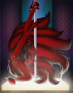 anthro anus breasts clothing female footwear genitals heart_symbol high_heels mule_heels multi_tail nipples open_toe_heels platform_footwear platform_heels pole raised_leg shoes solo stripper_pole tail tongue tongue_out vulva ratcult13 zetal canid canine fox mammal hi_res