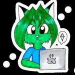 cat_smile clothing computer concentrated electronics green_body green_hair hair laptop open_mouth orange_eyes pink_nose playing shirt sticker t-shirt topwear selinatc azimoert canid canine fox mammal 1:1 alpha_channel