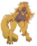 animal_arms animal_legs areola big_breasts black_areola black_nipples blonde_hair breasts brown_body brown_skin claws dark_body dark_skin fangs female fur hair hanging_breasts large_paws leaning leaning_forward nipples open_mouth red_eyes simple_background solo teeth white_background yellow_body yellow_fur poduu animal_humanoid canid canid_humanoid canine canine_humanoid humanoid mammal mammal_humanoid 4:5 absurd_res colored hi_res