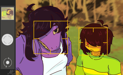anthro black_eyes blurred_background blush breasts brown_hair camera_hud clenched_teeth clothed clothed_anthro clothed_female clothed_human clothed_male clothing detailed_background duo female front_view green_clothing green_sweater green_topwear hair hair_over_eye jacket long_hair looking_at_viewer male male/female medium_breasts medium_hair non-mammal_breasts purple_body purple_clothing purple_jacket purple_topwear red_eyes shirt sweater teeth topwear white_clothing white_shirt white_topwear yellow_sclera disceet deltarune undertale_(series) kris_dreemurr susie_(deltarune) human mammal scalie 2025 absurd_res colored hi_res shaded