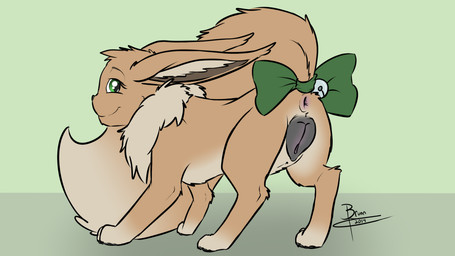 accessory all_fours anatomically_correct animal_genitalia animal_vulva anus bell black_nose black_vulva bow_(feature) bow_accessory bow_ribbon brown_body brown_fur butt canine_genitalia canine_vulva female feral fluffy fluffy_tail fur furgonomics genitals green_eyes looking_back presenting presenting_hindquarters presenting_vulva raised_tail rear_view ribbons smile solo tail tail_accessory tail_bow tail_ribbon tuft vulva tahla nintendo pokemon tahla_(tahla) canid canine eevee generation_1_pokemon mammal pokemon_(species) 16:9 widescreen