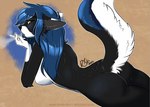 anthro black_body blue_hair breasts butt cigarette female hair lying multicolored_tail nude on_front smoking solo tail yellow_eyes rika_(artist) alitica canid canine canis collie domestic_dog herding_dog mammal pastoral_dog sheepdog 2021